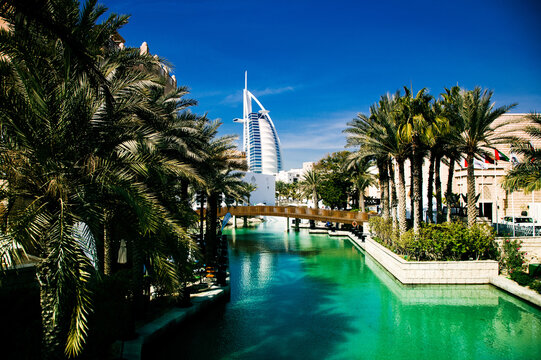 View on Burj Al Arab, the world only seven stars hotel seen from Madinat Jumeirah, Dubai, United Arab Emirates