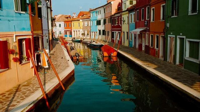 Revealing a canal flanked by colorful and traditional architecture in Burano, Venice, Italy. Venice is an archipelago of 126 islands linked by 472 bridges