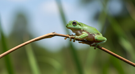Fototapeta premium Vibrant green tree frog perched gracefully on a slender brown twig outdoors