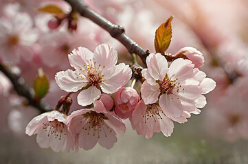 Obraz premium A beautiful cherry blossom branch with delicate pink petals and a dreamy soft-focus spring garden background. Perfect for nature, romance, and seasonal themes.