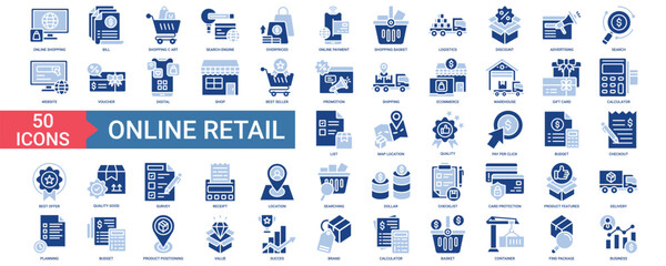 Online Retail icon collection set. Containing online shopping, bill, overpriced, logistics, discount, advertising, digital, shop, best seller,  shipping icon. Simple vector