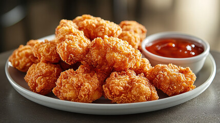Crispy chicken tenders served with tangy dipping sauce on a white plate for a satisfying meal experience