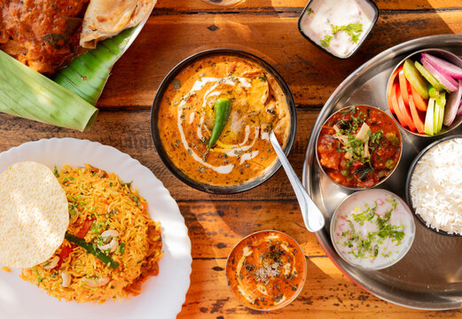 Vegetable Thali, with fish in banana leaf, Biriyani, Dhal, Varkala, food, curry, watermelon juice, Kerala, India