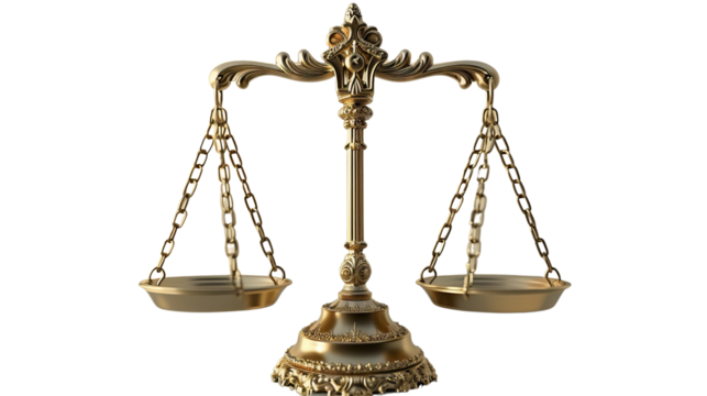 Golden Scales of Justice: A meticulously crafted, antique golden scale symbolizes balance, fairness, and the pursuit of justice. Its intricate design evokes the gravity and weight of legal decisions.