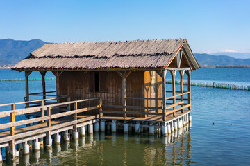 Traditional fishermen's houses built on the sea, Tourlida, Missolonghi Lagoon