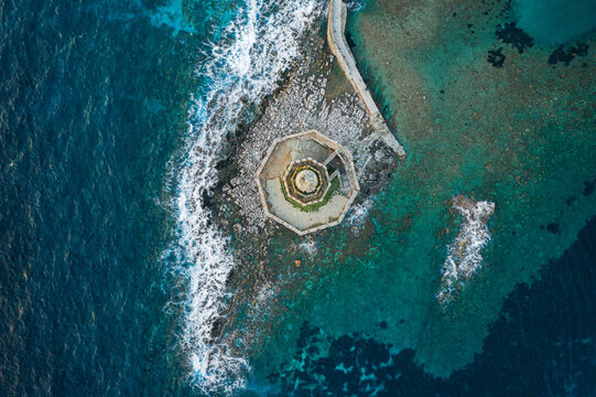 Bourtzi of Methoni castle, drone aerial top view, and sea, Methoni, Peloponnese