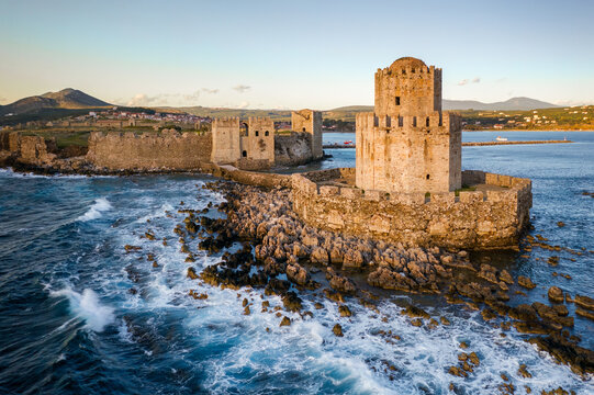 Bourtzi of Methoni castle, drone aerial view, in the sea, Methoni, Peloponnnese