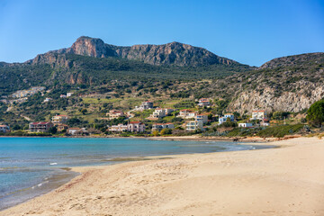 Plitra beach with turquoise water in Karavostasi in the south of Greece, Peloponnese