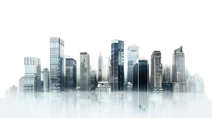 Fototapeta premium Urban Skyline in Silhouette: A mesmerizing, minimalist panorama of a modern city skyline, featuring imposing skyscrapers and architectural feats silhouetted against a hazy ambiance