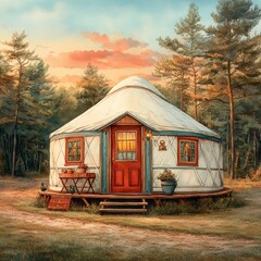 Charming yurt nestled in a serene forest surrounded by vibrant colors and soft evening light in nature