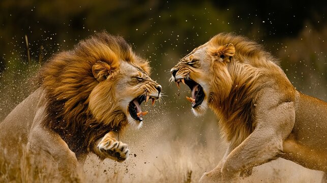 Two male lions fighting aggressively wildlife photography showcasing animal behavior and dominance in nature