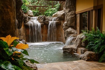 Obraz premium Serene indoor waterfall with lush greenery in a tranquil relaxation area