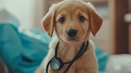 Cute golden retriever puppy dog vet veterinarian doctor stethoscope animal health care pet clinic adorable pup