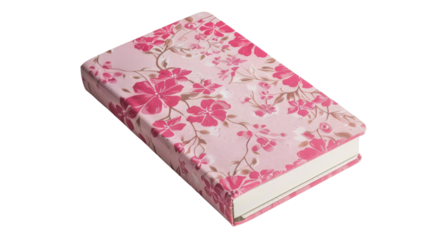 Floral Notebook: A beautifully designed notebook features a delicate pattern of pink floral blossoms, showcasing both the object and its aesthetic appeal.