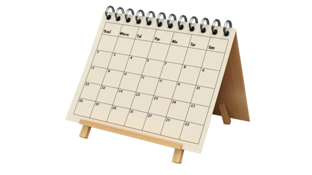 Calendar on Stand: A close-up shot of a blank calendar, perched elegantly on a wooden stand, suggesting time management and planning.