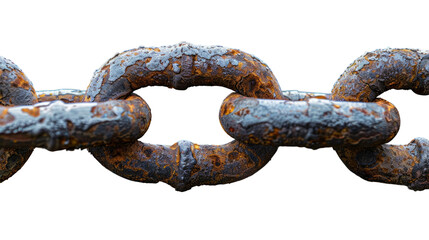 Fototapeta premium The Weathered Bond: A close-up perspective of a rusty chain on a white background. This image captures the essence of durability, strength, and the relentless effects of time on metal.
