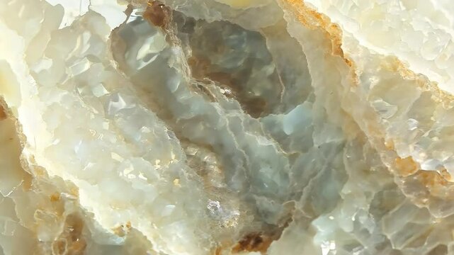 Close-up view of translucent sunstone agate stone with intricate patterns and textures, showcasing natural mineral formations and colors.