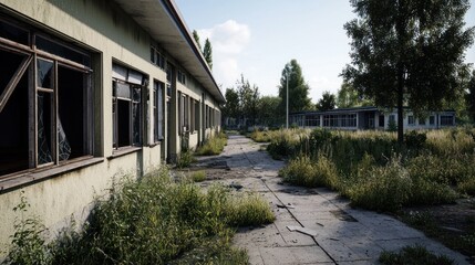 Abandoned school building with broken windows, overgrown path, and clear blue sky in background