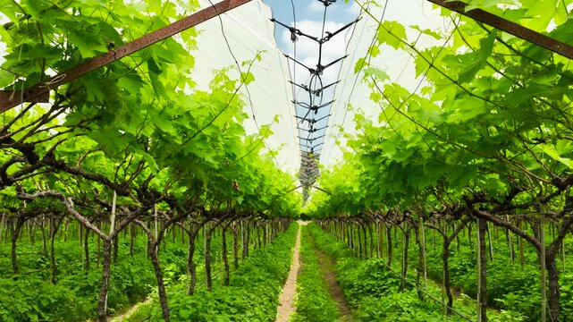 Vibrant lush green vineyard organized rows of grapevines under a white crop cover white sheet for protection from harsh sunlight, beautiful canopy against the clear sky. agriculture grape farm