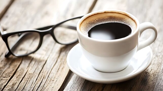 Morning Coffee Break: A Cup of Joe and Spectacles on Rustic Wood