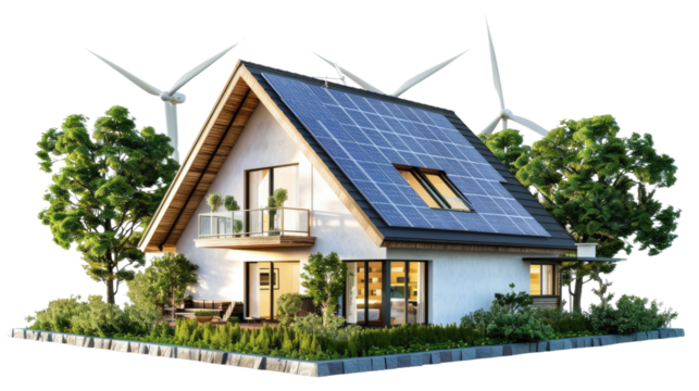 Sustainable Home: Solar panels and wind turbines power a modern home, showcasing a commitment to green living and renewable energy.