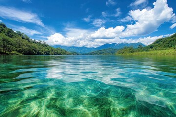 Tranquil lake surrounded by lush mountains under a bright blue sky with fluffy clouds