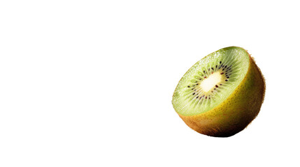 Kiwi Slice: A vibrant slice of kiwi fruit, revealing the juicy green flesh and tiny black seeds, isolated to highlight its refreshing quality.