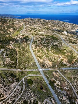 Drone aerial view of Kriaritsi project area with abandoned roads in the south of Greece, Sithonia, Chalkidiki