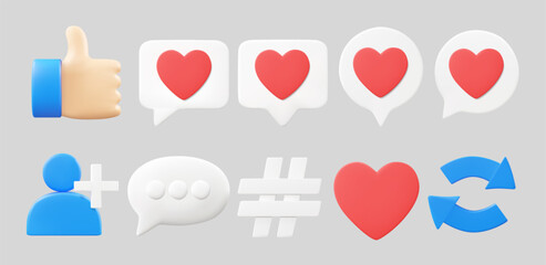 3D illustration vector render set of icons like, heart, profile add friend, message bubble, hashtag, and share post in front view. Social media communication and interaction concept. Isolated on grey.