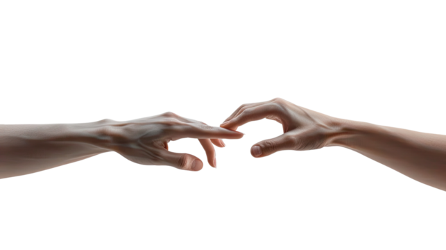 Connection: Human hands in a close, artistic composition, poised to touch, symbolizing unity and interpersonal connections.
