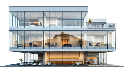 Modern Architectural Marvel: A sleek, contemporary building design featuring expansive glass walls. Interior spaces are bright and airy, showcasing innovative construction
