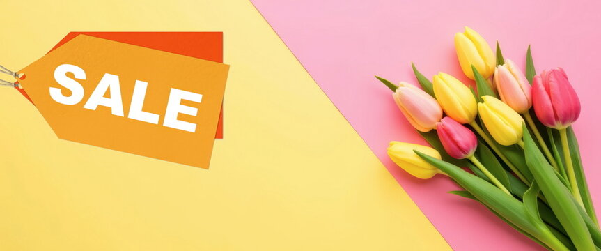Sale tag with colorful tulips on vibrant background  