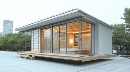 Fototapeta premium Modern Minimalist Prefab House with Japanese Design Elements