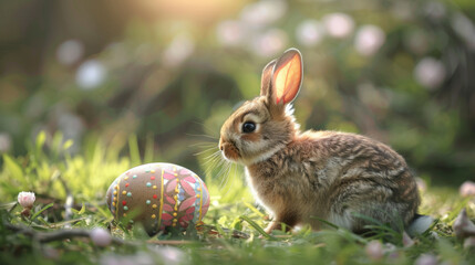 Conejo en campo primaveral con huevos de Pascua decorados.