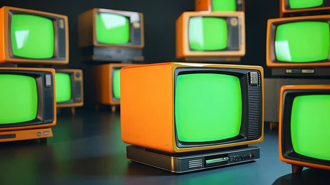 Multiple vintage televisions on black background, repeating pattern of many retro TVs with green screen chroma key and noise interference.