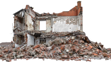 Demolition's Aftermath: A dramatic visual of a building after demolition. The scene is full of debris. Capturing the destructive power of demolition in vivid detail.