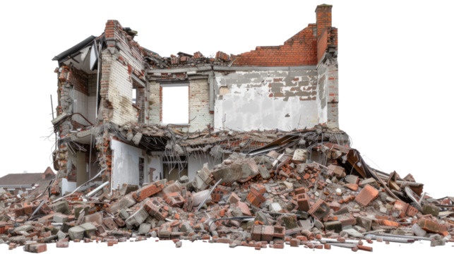 Demolition's Aftermath: A dramatic visual of a building after demolition. The scene is full of debris. Capturing the destructive power of demolition in vivid detail.