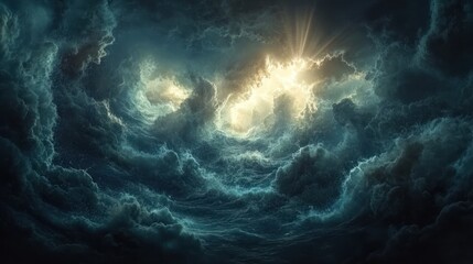 Fototapeta premium Dramatic, swirling clouds with a radiant burst of sunlight breaking through.