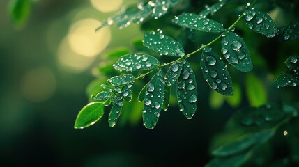 Dew Drops on Green Leaves in Forest