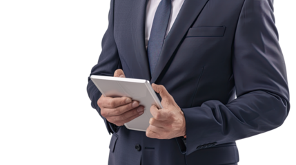 Focused Professional: A meticulously dressed businessperson, holding a tablet in hands, represents modernity and professionalism. A photo emphasizing precision and confidence.