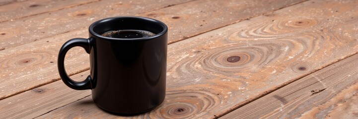 Elegant black coffee mug on wooden surface, contrast and sophistication
