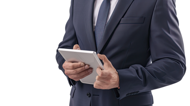 Focused Professional: A meticulously dressed businessperson, holding a tablet in hands, represents modernity and professionalism. A photo emphasizing precision and confidence. - Powered by Adobe