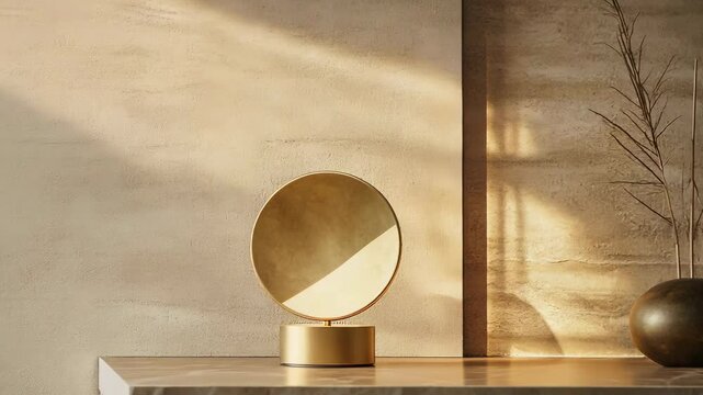 A minimalist round lamp with a cylindrical base, placed in a shadowed minimalistic interior. Interior design.