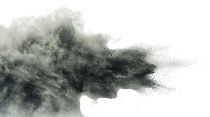 Naklejka premium Dynamic Cloud of Dark Smoke: A swirling, textured cloud of dark smoke billowing outwards against an uncluttered space, creating a visual representation of chaos and potential environmental concern.