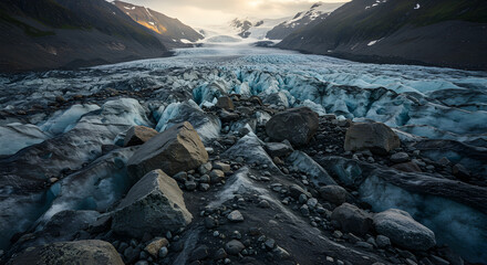 Majestic glacial valley landscape with moraine deposits and scattered erratic boulders