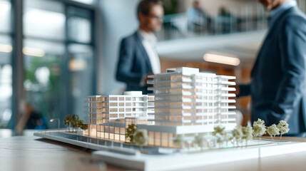 Two architects shaking hands in front of a scale model of a residential building
