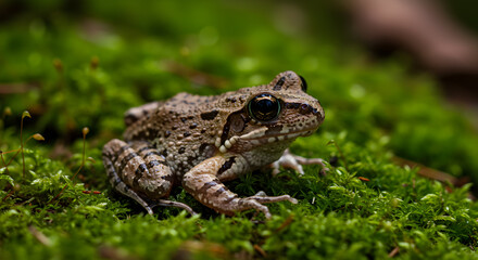 Camouflaged amphibian: A frog blending into its mossy, green environment
