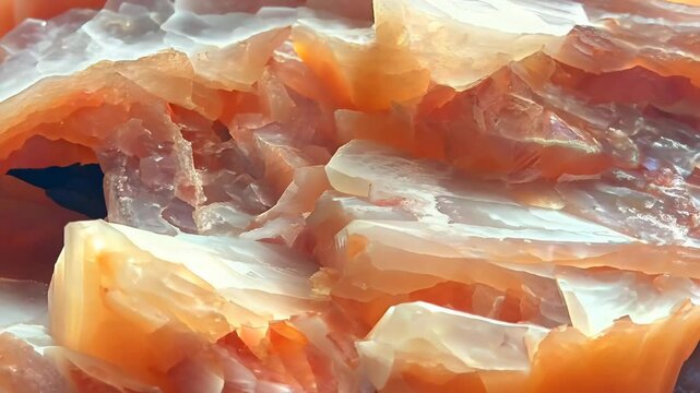 Close-up view of translucent orange and white sunstone agate stone with intricate patterns and textures.