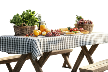 A Rustic Picnic Table Laden With Fresh Fruit, Vegetables, And Bread, Bathed In Warm Sunlight, Creating A Scene Of Idyllic Outdoor Dining With A Black And White Checkered Tablecloth Isolated on Transpa