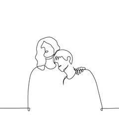 man shorter than a woman on whom he put his head, she put her palm on him - one line art vector. concept mother or older sister, dominant woman and submissive man, emotional support